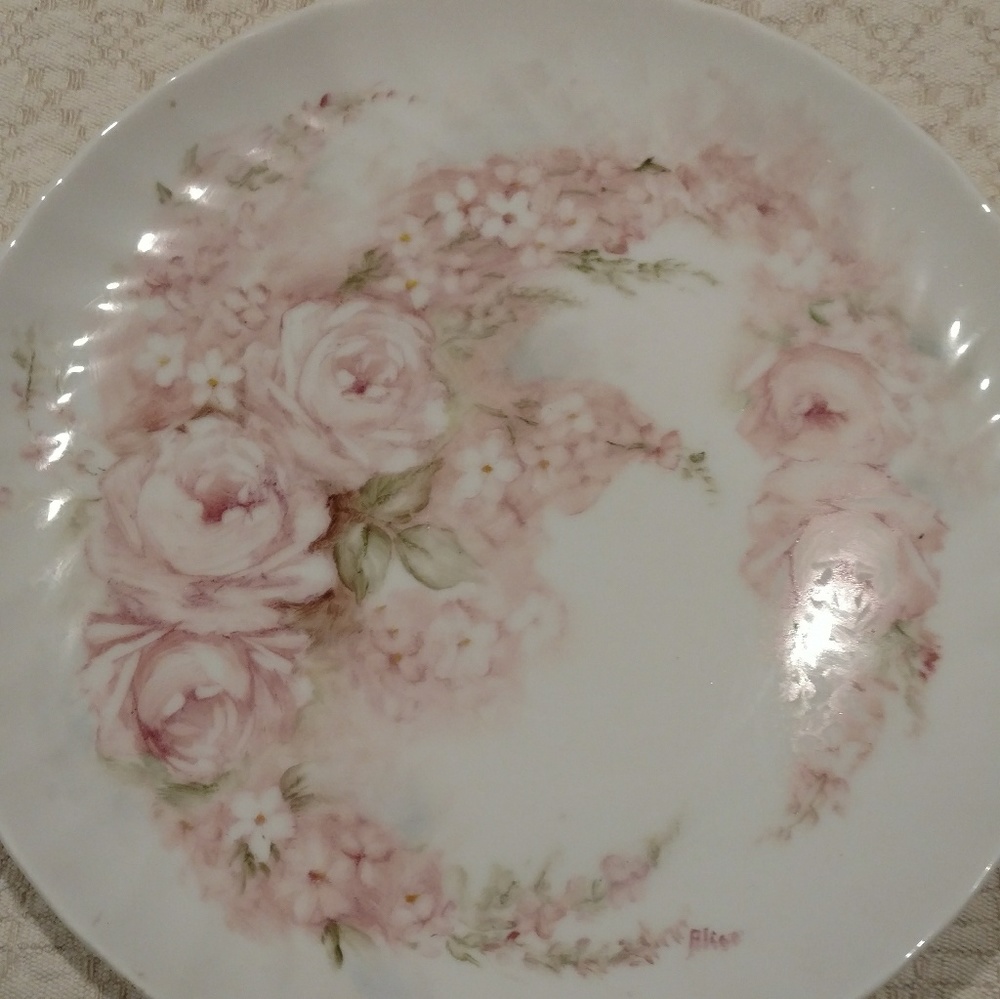 8" Hand Painted Pink Cabbage Roses Plate